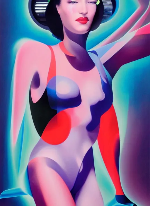 Image similar to futuristic lasers, data visualization, cyberpunk visor girl pinup, by steven meisel, james jean and rolf armstrong, geometric cubist acrylic and hyperrealism photorealistic airbrush painting with retro and neon colors