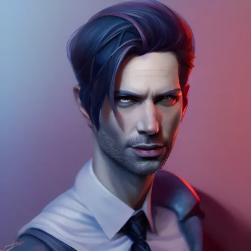 Prompt: Lucifer as an attractive man, 4k digital character design by Artgerm, WLOP, beeple, Hi-Fructose, James Jean, Andrei Riabovitchev, Marc Simonetti, yoshitaka Amano, Artstation, CGsociety