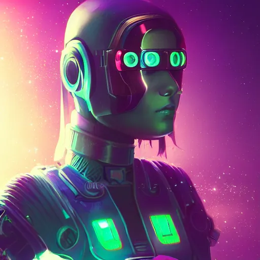 Image similar to cyberpunk concept cool warrior girl bot, cinema 4 d, galaxy, ufo, space sci - fi, wearing vr goggles, illustration, portrait, pastel neon textured background night, trending on artstation, greg rutkowski, octane rendered, 1 2 k, detailed,