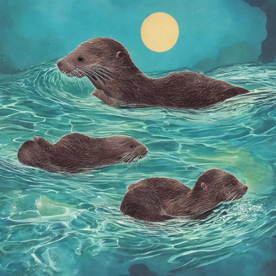 Prompt: album art, an otter swimming in an overgrown tropical creek river, omni magazine, beautiful visuals