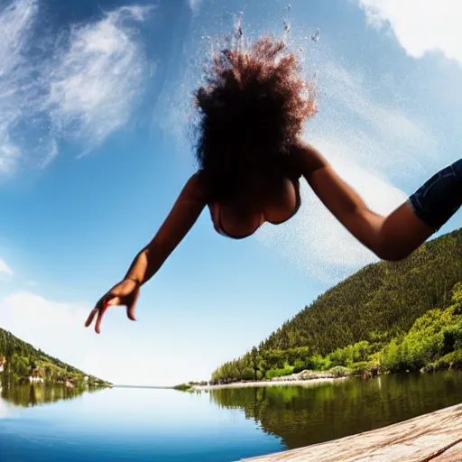 Prompt: a woman falling at a lake, fast shutter speed, high speed, action photo, 1 / 1 0 0 0 sec shutter, fish - eye lens