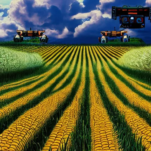 Prompt: a photo of transformers wearing a straw hat blue overalls in the corn field, robots, humanoid, star wars, chappie, farming, photorealistic, 8 k