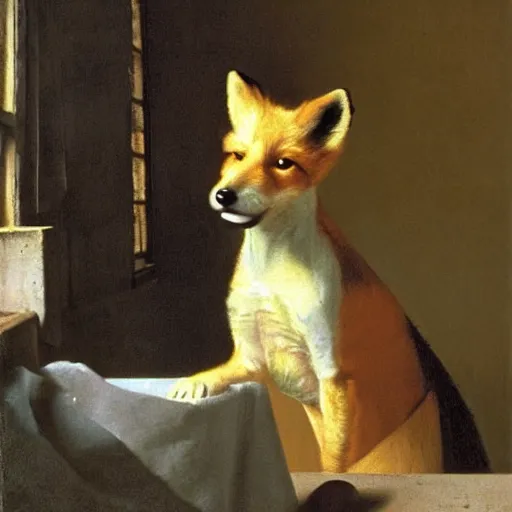 Image similar to an oil painting of a wire - haired fox terrier barking all the time at golden hour painted by johannes vermeer, masterpiece 8 k