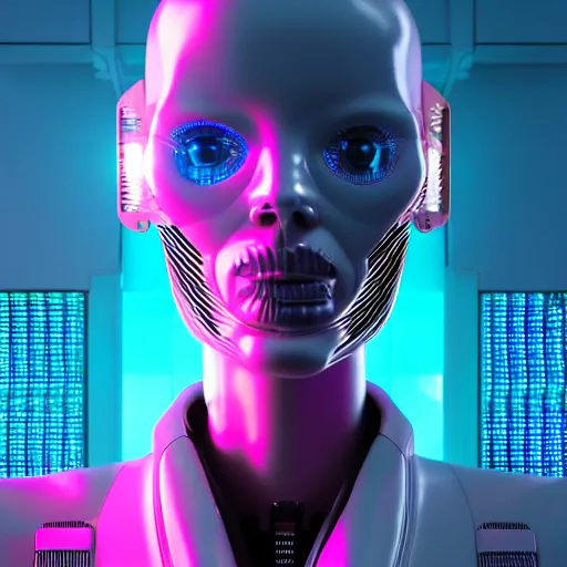 Image similar to hyperrealism stock photography of highly detailed stylish humanoid robot in cyberpunk sci - fi cyberpunk style by gragory crewdson and vincent di fate with many details by josan gonzalez working at the highly detailed data center by mike winkelmann and laurie greasley hyperrealism photo on dsmc 3 system rendered in blender and octane render