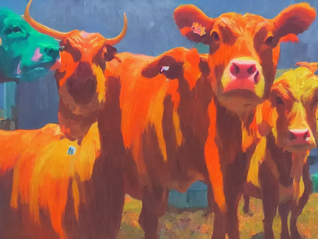 Image similar to Guernsey Cows, bright colors, neon orange, beauty, summer vibes, trending on artstation