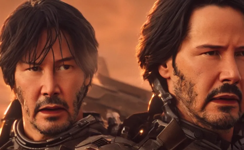 Image similar to Keanu Reeves! in Dune 2021, Cinematic Lighting, Movie Screenshot, Still, 4k, Movie Scene