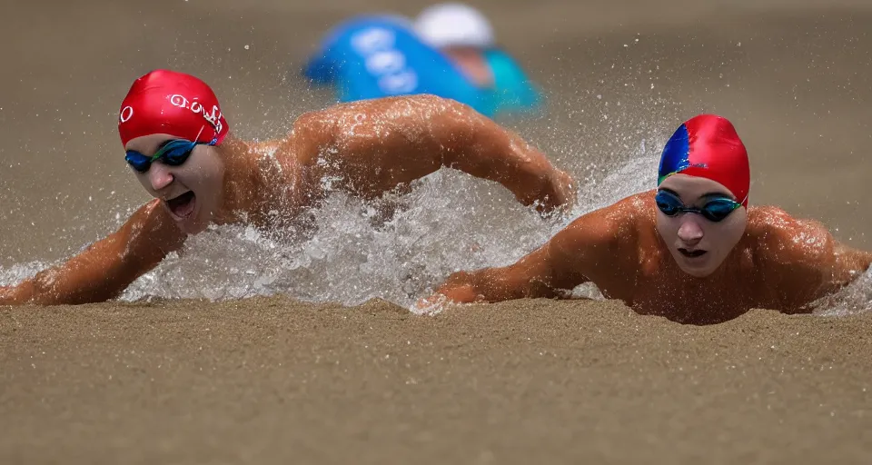 Image similar to olympic swimming in sand instead of water, extremely coherent, motion blur