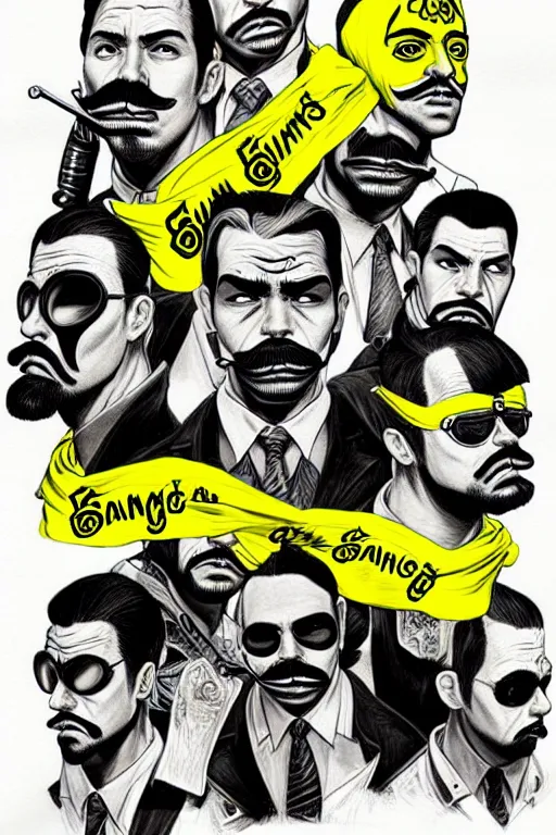Image similar to gang saints wear yellow bandanas, and some of them have thick mustaches, their eyes are sharp, pop art style, dynamic comparison, proportional, professional art, bioshock art style, gta chinatowon art style, hyper realistic, face and body clarity, complicated, intricate, concept art, art by argerm dan richard hamilton
