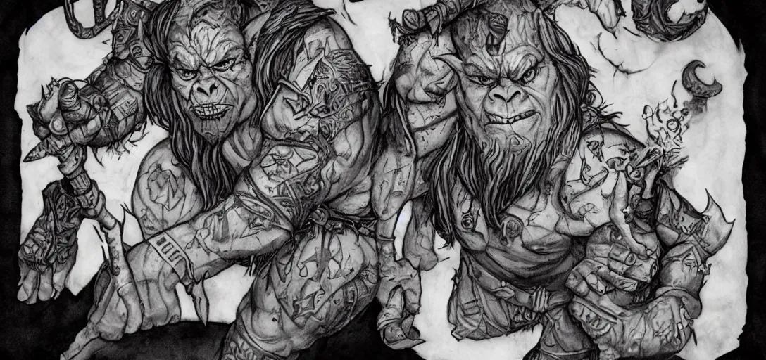 Image similar to 'stylized D&D wizard Orc, Dirty brute Orc with tattoo, casting a spell to create eerie white lighting'