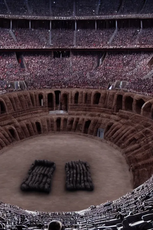 Image similar to putin vs joe biden inside a gladiator arena, 4 k, high res, movie still