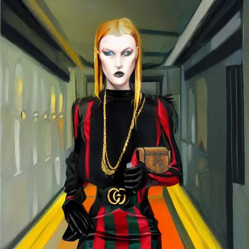 Image similar to Gothic retrofuturism fashion, gucci catwalk, oil painting, digital art, ultradetailed, artstation