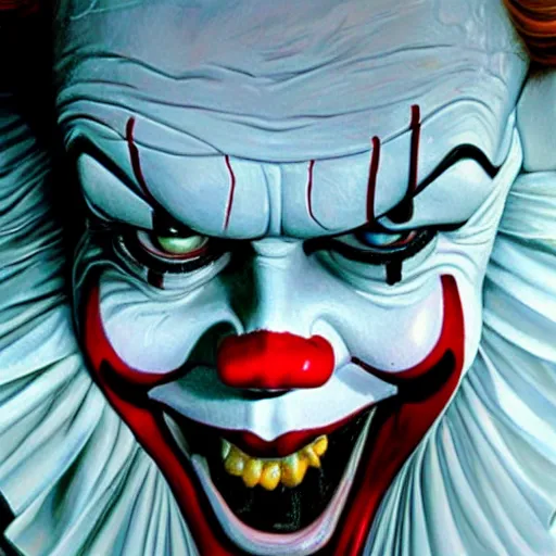 Image similar to an ultra - realistic portrait painting of pennywise in the style of alex ross. 4 k. ultra - realistic. highly detailed. epic lighting.
