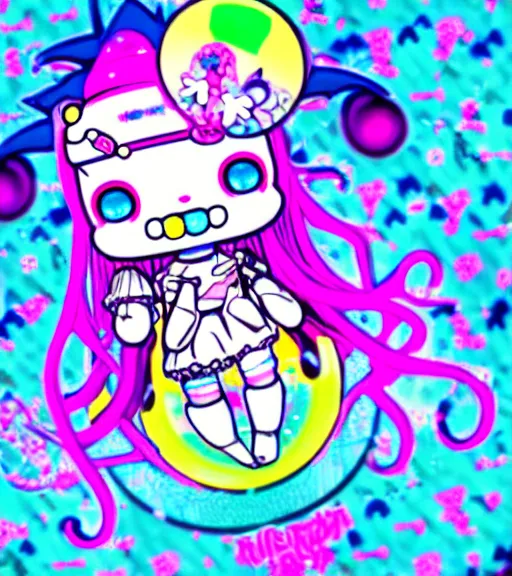 Image similar to cybergoth decora glitchcore yokai girl, sanrio tamagotchi moe ornaments, pastel cute cinematography