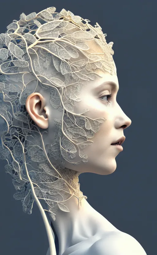 Image similar to complex 3d render of a beautiful porcelain profile woman face, vegetal dragon cyborg, 150 mm, beautiful natural soft light, rim light, silver gold details, magnolia leaves and stems, roots, fine lace, maze like, mandelbot fractal, anatomical, facial muscles, cable wires, microchip, elegant, highly detailed, white metallic armour, octane render, black and white, H.R. Giger style