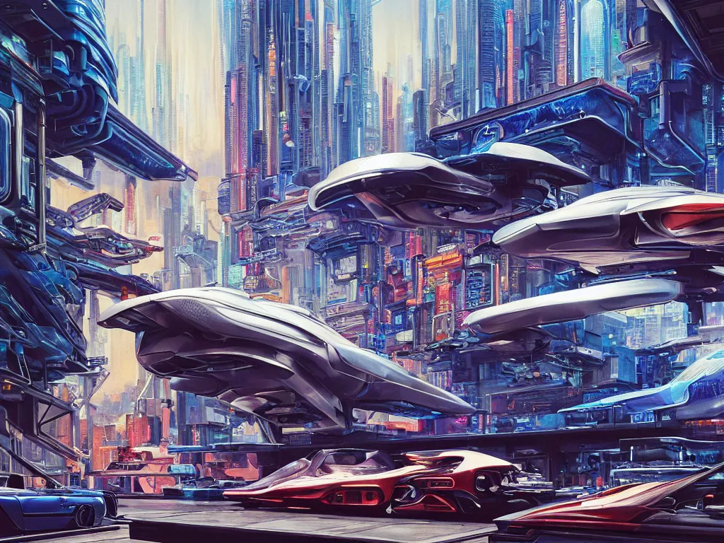 Prompt: hyperrealistic painting of a slice of life from a futuristic city, mechanical designs, futuristic vehicles, technological, detailed engineering, vivid color, elegant, meticulous, cinematic, cyberpunk style, highly detailed, realism, intricate, acrylic on canvas, 8 k resolution, concept art, by noriyoshi ohrai, francesco di giorgio martini, moebius