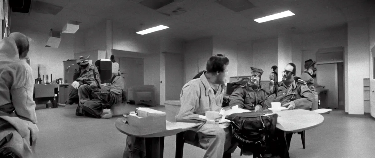 Image similar to filmic wide shot movie still 4 k hd interior 3 5 mm film color only photograph of two armed guards sitting down and talking in a break room in a military base, in the style of the horror film the thing 1 9 8 2