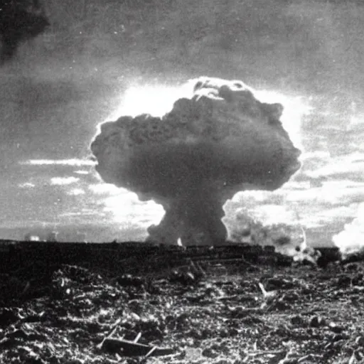 Image similar to a photo taken from inside of a trench showing a nuclear explosion in the distance, you can see the explosion's shockwave in the clouds, realistic, taken on a ww 2 camera.