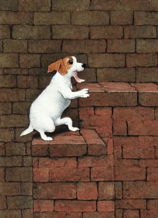 Image similar to jack russel terrier balancing on brick wall, illustrated by peggy fortnum and beatrix potter and sir john tenniel