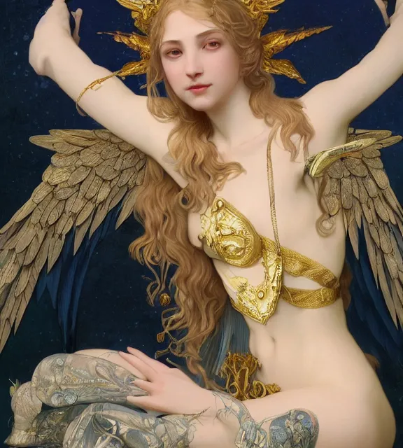 Image similar to god of death, young male, crystal cave background, elegant dark blue dress, very detailed, throne, very intricate details, jewelry, gold eyeshadow, elaborate long black hairstyle, wings, cinematic, artstation, william bouguereau, alphonse mucha, greg rutkowski, rossdraws, octane render