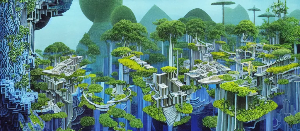 Prompt: huge gargantuan angular dimension of pagoda liminal spaces, temples by escher and ricardo bofill. utopian singaporean landscape by roger dean. magical realism, royal blue surrealism, lush sakura trees, waterfalls, thunder, lightning, cyberpunk, shot from below, epic scale