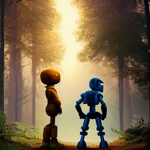 Image similar to ultra realistic and intricate detailed photograph of iron giant with his friend gold giant, 1999 pixar movie, forest, technology, innovation, bright modern style, artstation, unreal render, depth of field, ambient lighting, award winning, stunning