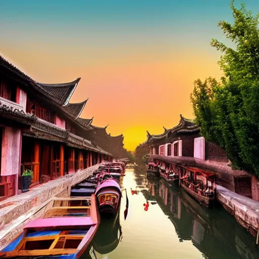 Image similar to peaceful ancient water town in the south of china, zhouzhuang ancient town, sunset glow, movie style, warm color to move