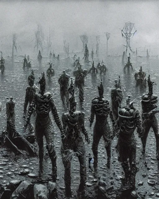 Image similar to group of sardaukar soldiers in a chlorine swamp, retrofuturism sci - fi old movie, highly detailed, photorealistic, 8 k, by beksinski and stalenhag