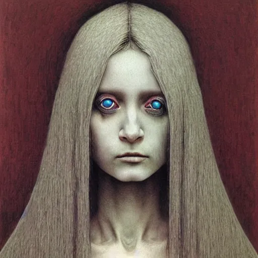Prompt: portrait of pale girl with big eyes and black hairs by Beksinski