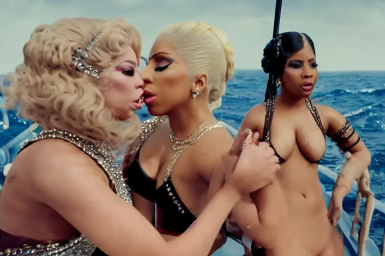 Prompt: nicki minaj and lady gaga fighting eachother on the titanic as it's sinking. 8 k. 4 k. higly realistic, higlt detailed