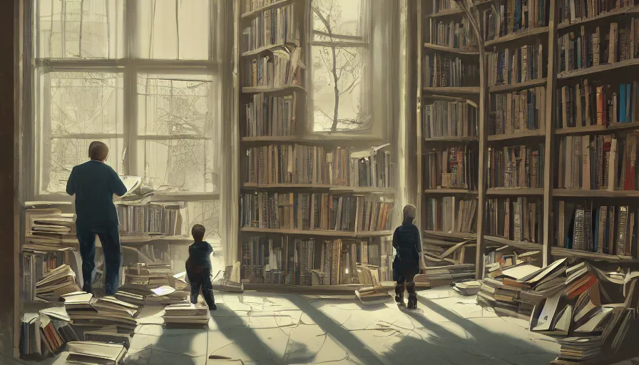 Prompt: father and his son reading books at damaged library of congress in washington dc, light through broken windows, hyperdetailed, artstation, cgsociety, 8 k