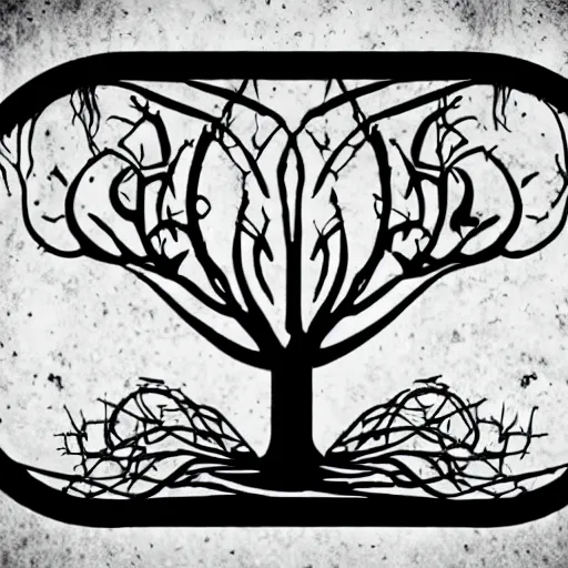 Image similar to black metal band logo, unreadable text, metal font, looks like a tree silhouette, complex lines, horizontal