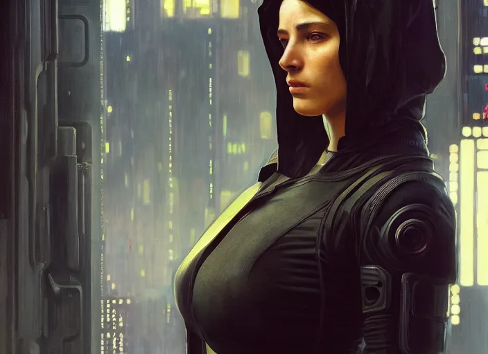 Image similar to Maria. Cyberpunk female hacker wearing stealth suit hiding from police patrol (blade runner 2049, cyberpunk 2077). Orientalist portrait by john william waterhouse and James Gurney and Theodore Ralli and Nasreddine Dinet, oil on canvas. Cinematic, hyper realism, realistic proportions, dramatic lighting, high detail 4k