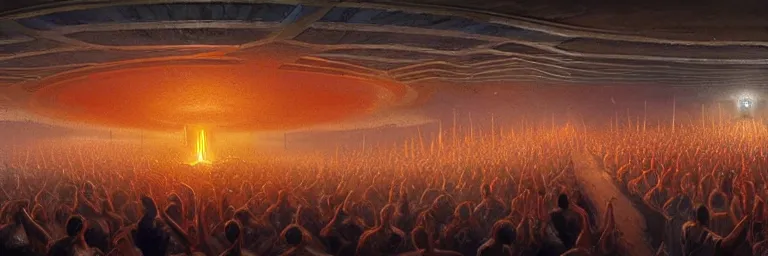 Image similar to a crowd of worshipers praying to a portal to hell, by Michael Whelan, luminous lighting, cinematic, panoramic, aspect ratio 1:3