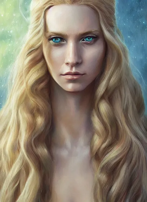 Image similar to a painting of a woman with long blonde hair and green eyes, a photorealistic painting by magali villeneuve, featured on cgsociety, fantasy art, detailed painting, photorealistic