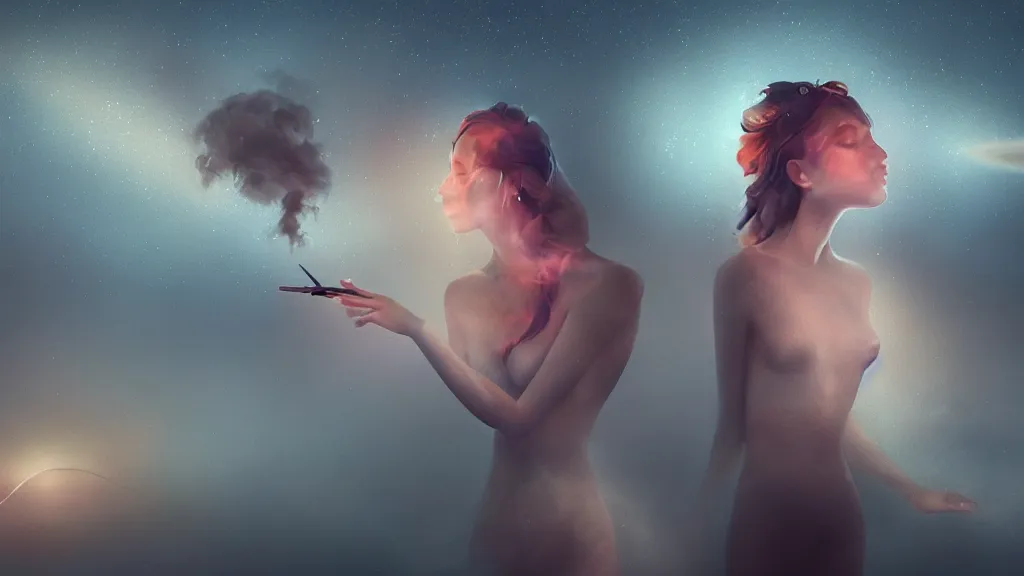 Image similar to whimsical, a beautiful playful woman, wearing professional makeup, standing in a lake, blowing smoke, under the stars, with a binary black hole with a ring in the sky, by Lois van Baarle, by Greg Rutkowski, by Steve Argyle, face enhance, volumetric lighting, 4k resolution, octane render, trending on artstation