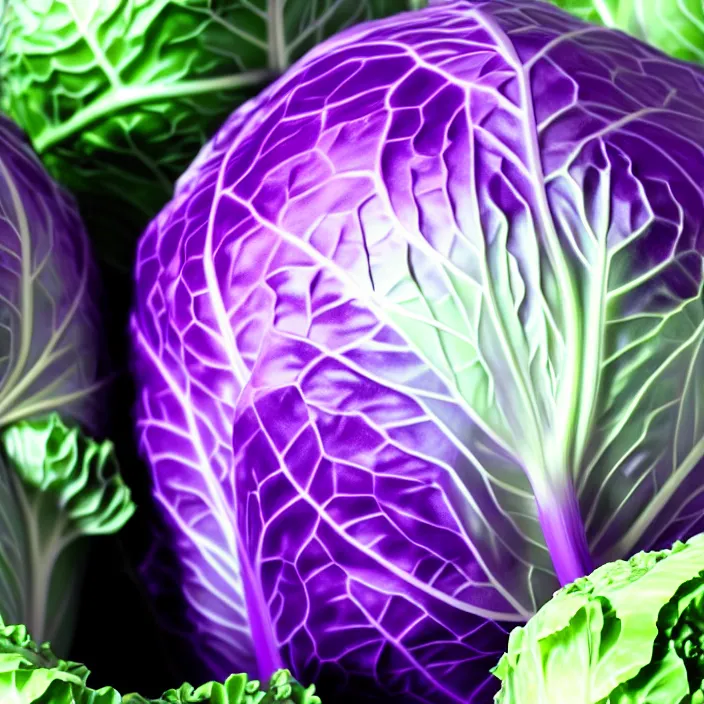 Image similar to high quality 3 d render very cute cabbage! highly detailed, unreal engine cinematic smooth, moody purple light, low angle, uhd 8 k, sharp focus