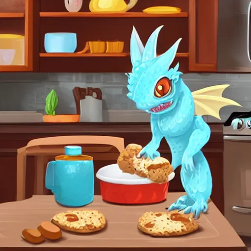 Prompt: a kitchen scene of an extremely cute dragoness kobold chinchilla baking cookies