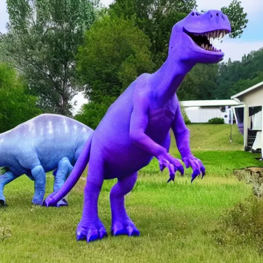Image similar to a purple and blue dinosaur mooing realistic