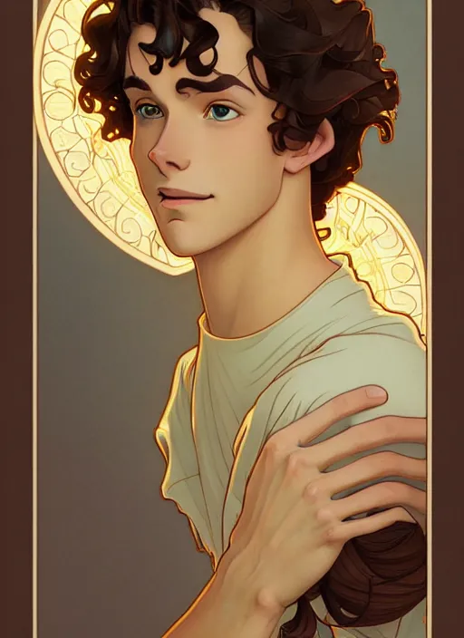 Prompt: well - lit art nouveau portrait of a young man with curly brown hair, brown eyes, annoyed facial expression, casual clothes, natural lighting, path traced, highly detailed, high quality, cartoon, digital painting, by don bluth and ross tran and studio ghibli and alphonse mucha