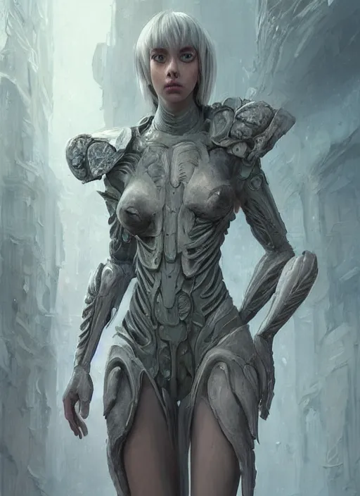 Image similar to a professional painting of a beautiful young female alien, clothed in ethereal armor, olive skin, long dark hair, beautiful bone structure, symmetrical facial features, intricate, elegant, digital painting, concept art, smooth, sharp focus, illustration, from Valerian and the City of a Thousand Planets, by Ruan Jia and Mandy Jurgens and Artgerm and William-Adolphe Bouguerea