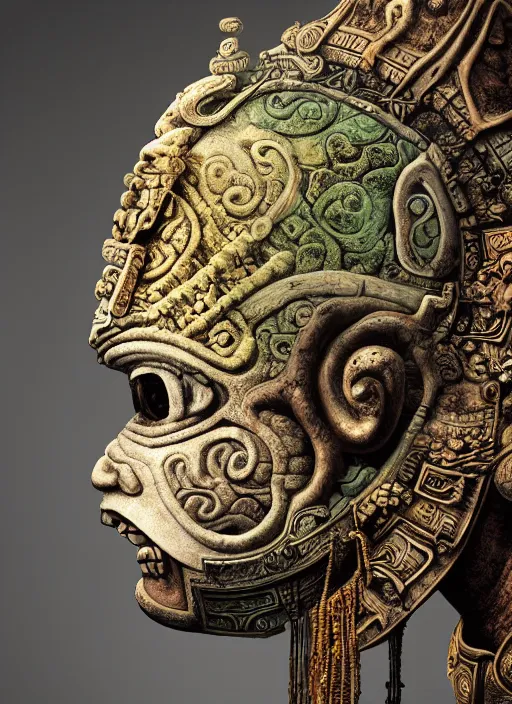 Image similar to Helmet of a forgotten Mayan Deity, ivory, moss, extremly detailed digital painting, in the style of Tomasz Alen Kopera and Fenghua Zhong and Peter Mohrbacher, mystical colors, rim light, beautiful lighting, 8k, stunning scene, raytracing, octane, trending on artstation