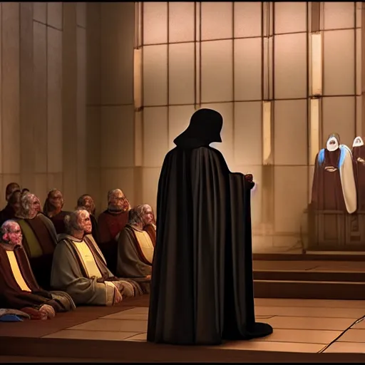 Image similar to emperor palpatine preaching to people at church, 8k cinematic lighting, very sharp detail, anatomically correct