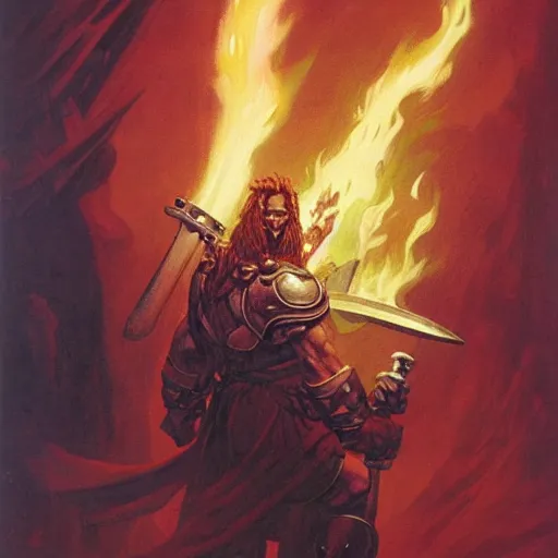 Prompt: head and shoulders portrait of a helmed fire giant with a giant sword wreathed in flame, d & d, fantasy, greg rutkowski, frank frazetta, alexandre chaudret, boris vallejo, michael whelan, miro petrov, hr giger, magali villeneuve, donato giancola