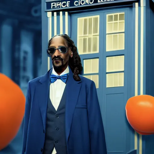 Image similar to snoop dogg as a young man with a beard in a dark blue trenchcoat with an orange bowtie as the new doctor who, cinematic, volumetric lighting, f 8 aperture, cinematic eastman 5 3 8 4 film, photorealistic