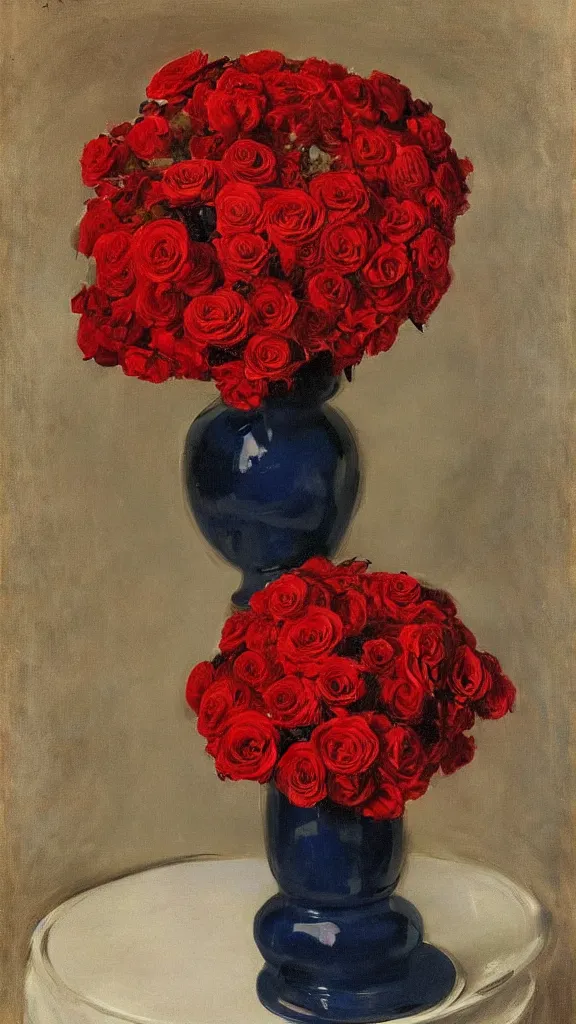 Image similar to portrait of rebekah delrio in lynch pattern, big persian detailed pot of red roses, blue and red lights painted by john singer sargent