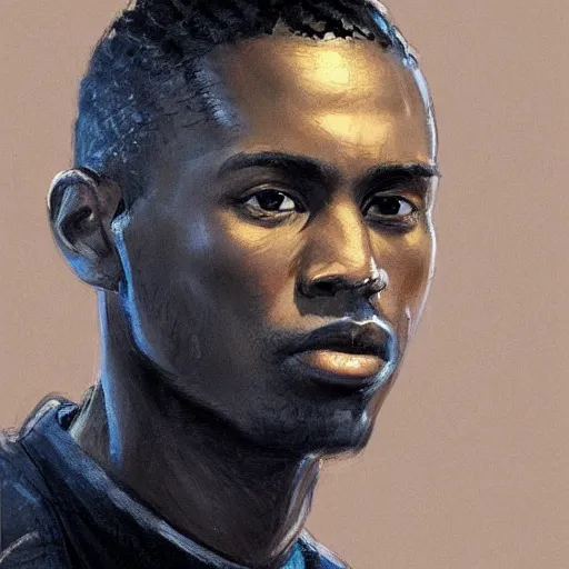 Prompt: Portrait of a black man by Greg Rutkowski, he is about 30 years old, short hair, manly, attractive, smart looking, tall and slim, he is wearing a utilitarian beige and black jumpsuit, highly detailed portrait, scifi, digital painting, artstation, concept art, smooth, sharp foccus ilustration, Artstation HQ
