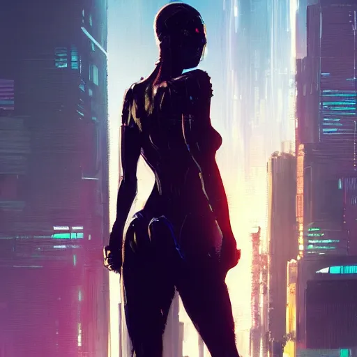 Image similar to a tall, broad-shouldered woman standing before a cyberpunk cityscape, dramatic lighting, illustration by Greg rutkowski, yoji shinkawa, 4k, digital art, concept art, trending on artstation