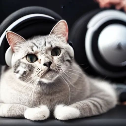 Prompt: sitting cat wearing studio headphones enjoying the music, hyperrealistic, 4k ultra hd, studio lighting, ultra detailed