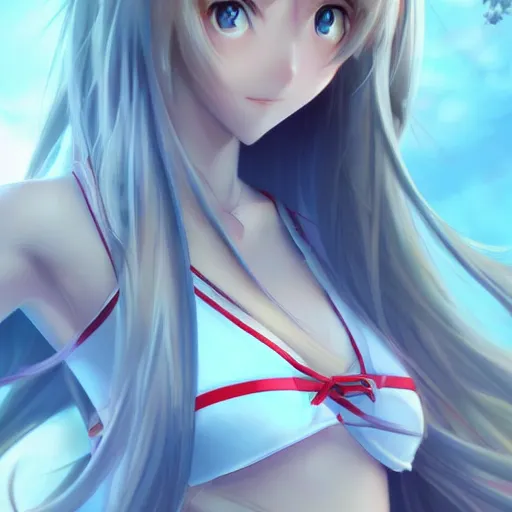 Prompt: a very beautiful yuuki asuna, full body, long wavy blond hair, sky blue eyes, full round face,, bikini, miniskirt, front view, mid - shot, highly detailed, cinematic wallpaper by stanley artgerm lau