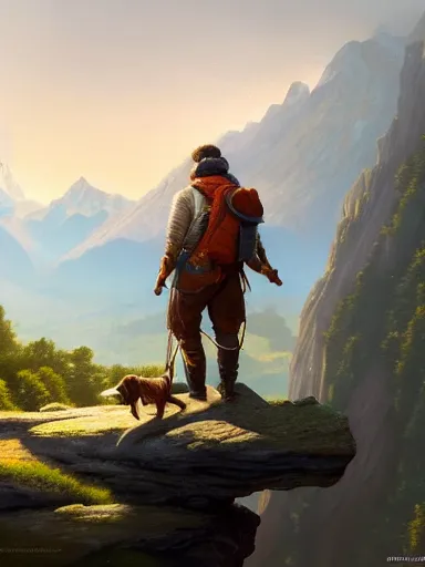 Image similar to an adventurer with his dog. near a precipice the sun and mountains on the background., intricate, elegant, highly detailed, digital painting, artstation, concept art, sharp focus, illustration, by justin gerard and artgerm, 8 k